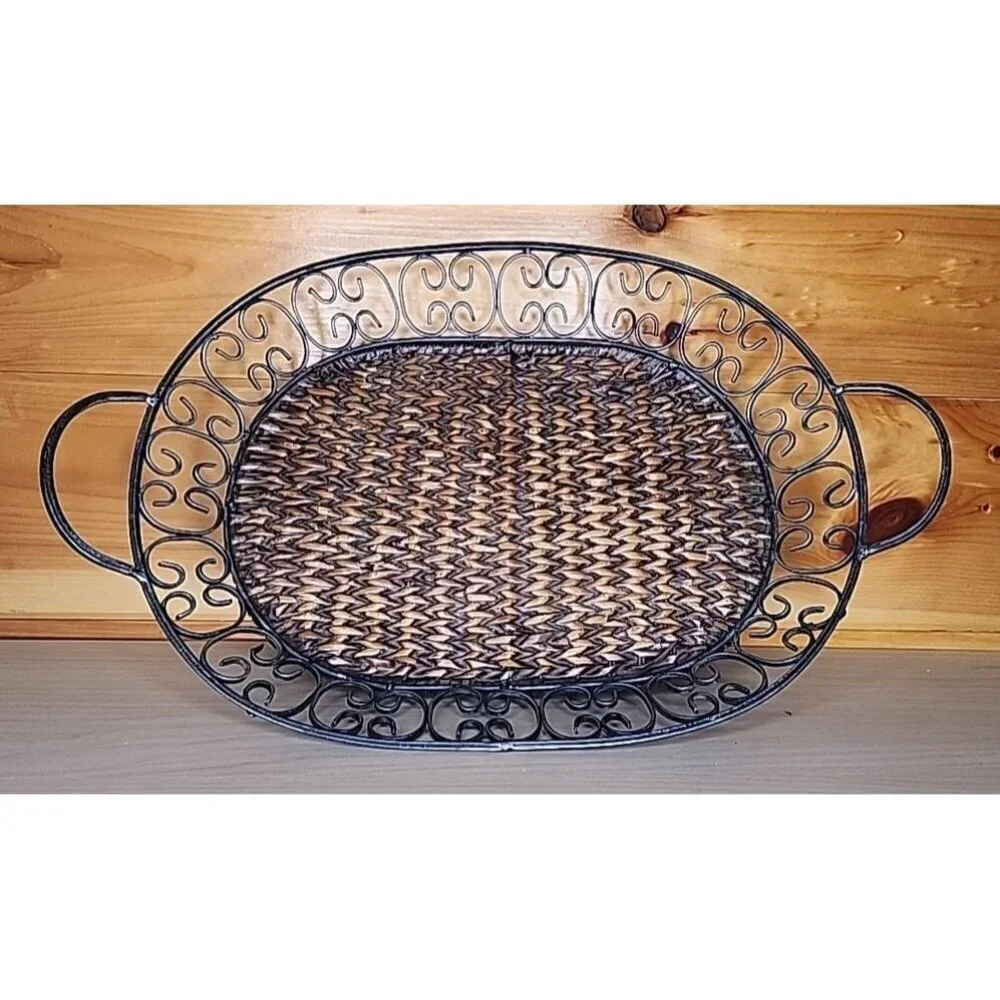 Metal and Wicker Serving Tray with Handles Distressed Farmhouse Decor Basket